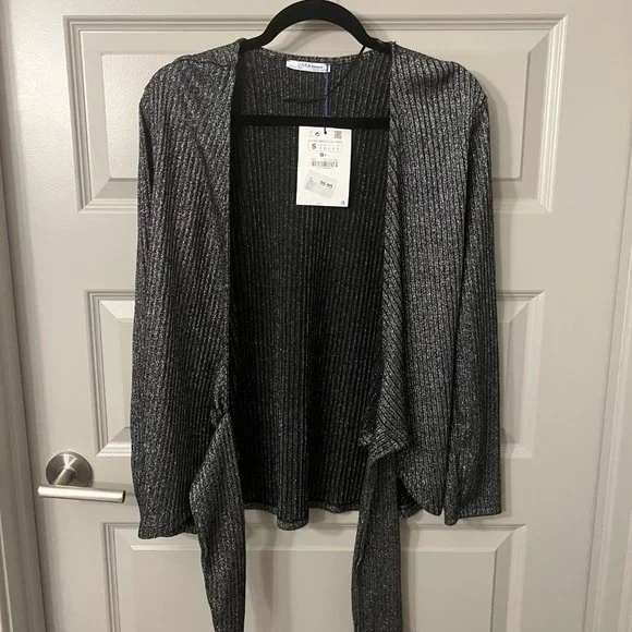 Zara Silver Ribbed Wrap Top. Size S. NWT - Picture 4 of 4